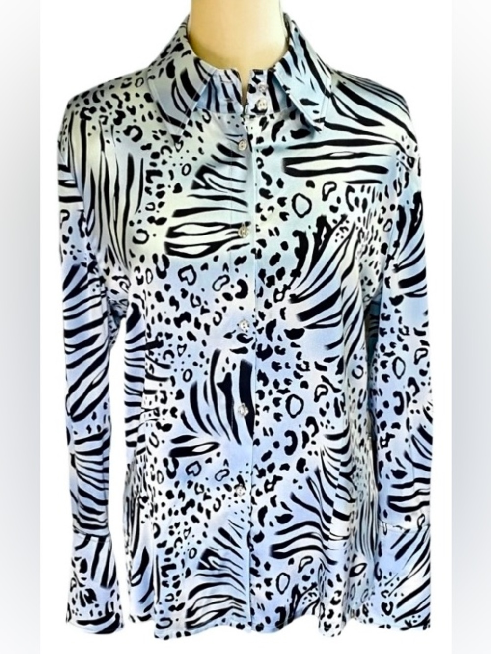 St John Silk Blend Animal Print Tailored Blouse in Blue/Black Womens 6